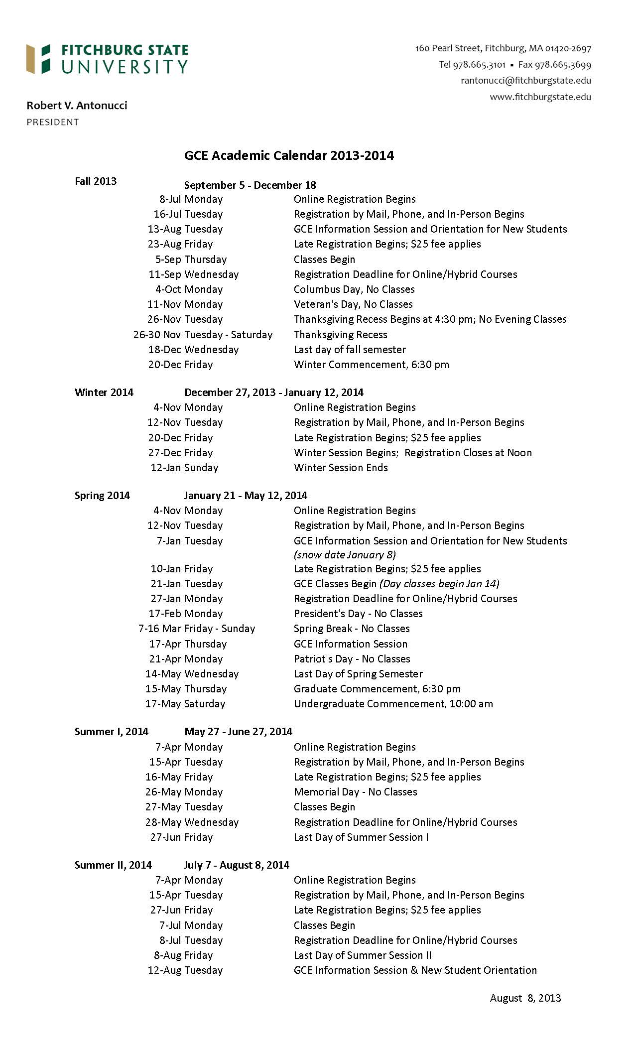 Academic Calendars Fitchburg State University Acalog ACMS™